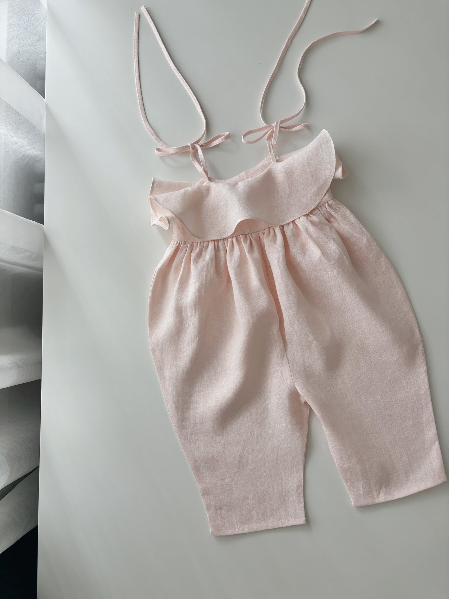 Baby linen ruffle playsuit PALE PINK